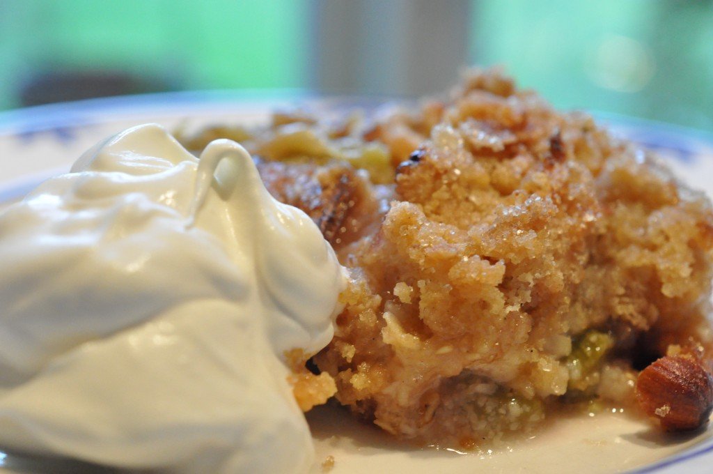 Rabarbercrumble med mandler, maricpan og flødeskum