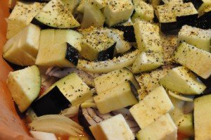 Nakkefilet med bulgur, squash og aubergine i stegeso