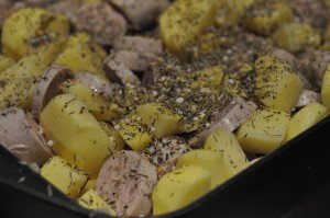 Frankfurter pølser i ovn med kartofler